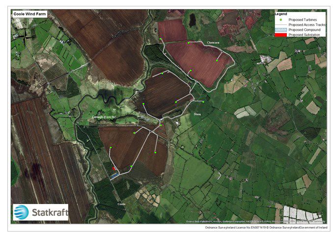 Location of the proposed tubines on Coole Wind Farm